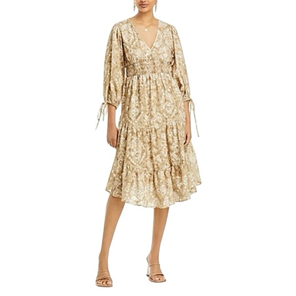 Cupio Boho Smocked Ikat Midi Dress Tiered Flowy V Neck Brown Tan XL NWT - Picture 2 of 16